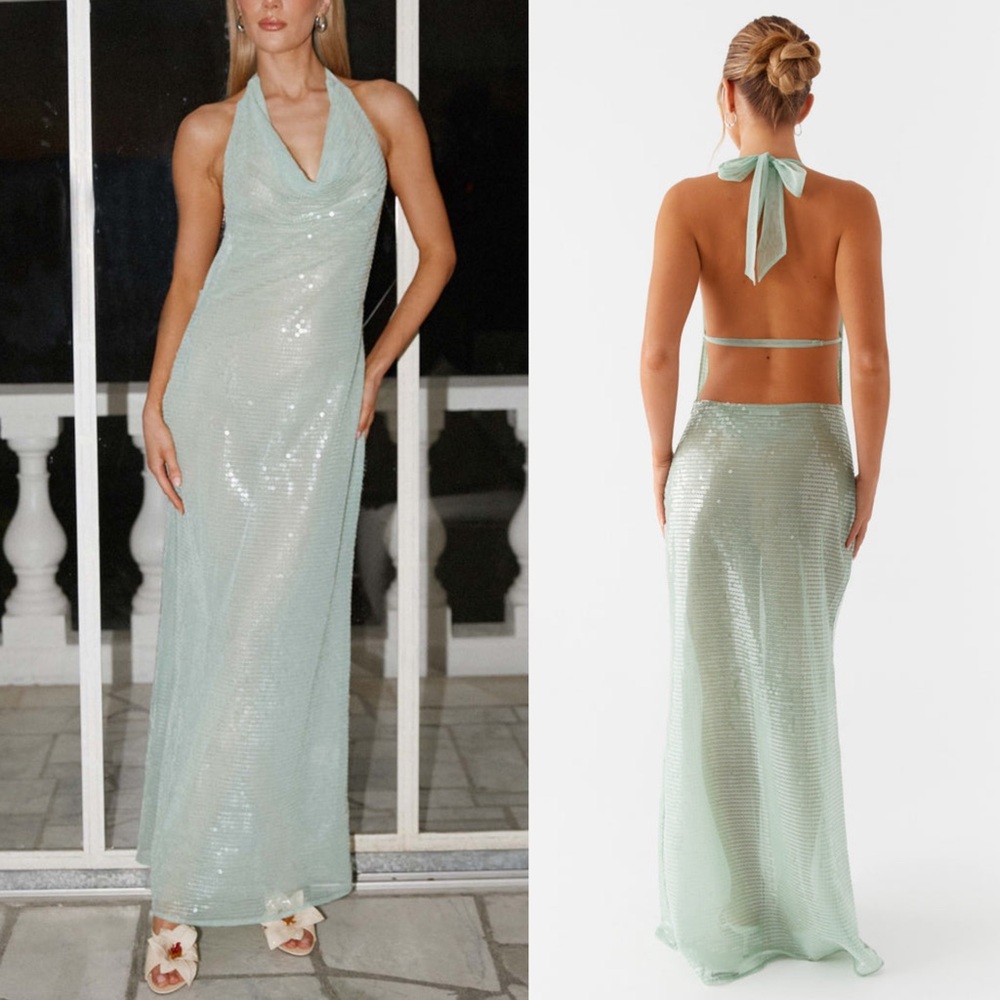 Peppermayo NWT Sheer Sequin Above the Clouds Cowl Maxi Dress Seafoam Green US 2
